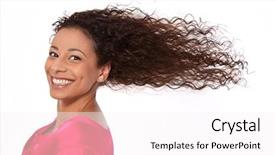  Presentation with hair - Audience pleasing presentation design consisting of holiday stress - windy laughing woman with blowing backdrop and a white colored foreground