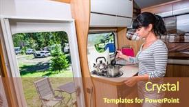  Presentation with camping - Amazing PPT theme having holiday trip in motorhome car backdrop and a tawny brown colored foreground