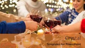  Presentation with christmas dinner - Colorful presentation design enhanced with holidays and celebration concept - close up of happy friends having christmas dinner at home drinking red wine and clinking glasses backdrop and a gold colored foreground