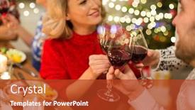  Presentation with christmas dinner - Slide deck having holidays and celebration concept - close up of happy friends having christmas dinner at home drinking red wine and clinking glasses background and a red colored foreground