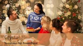  Presentation with christmas dinner - Colorful presentation theme enhanced with holidays and celebration concept - happy friends having christmas dinner at home backdrop and a coral colored foreground