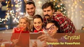  Presentation with dinner party - Audience pleasing PPT layouts consisting of holidays and celebration concept - happy friends with party props taking selfie by smartphone at home christmas dinner backdrop and a tawny brown colored foreground