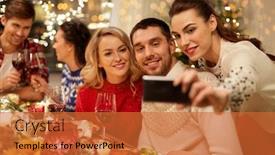  Presentation with christmas dinner - PPT theme featuring holidays and celebration concept - happy friends having christmas dinner at home and taking selfie by smartphone background and a red colored foreground