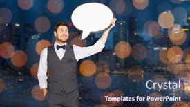  Presentation with singapore - PPT theme enhanced with holidays and communication concept - happy man in suit holding blank text bubble banner over singapore city night lights background background and a tawny brown colored foreground