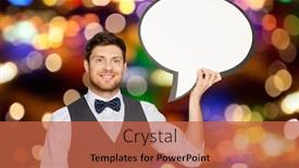  Presentation with happy holidays - Presentation design consisting of holidays and communication concept - happy man in suit holding blank text bubble banner over festive lights background background and a red colored foreground