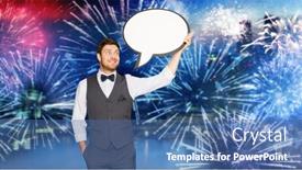  Presentation with firework - Slides with holidays and communication concept - happy man in suit holding blank text bubble banner over firework lights background background and a ocean colored foreground