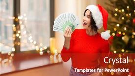  Presentation with money tree - Slide set having holidays and finance concept - happy smiling young woman in santa helper hat holding euro money banknotes over christmas tree lights at home background background and a crimson colored foreground