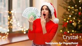  Presentation with money tree - Presentation theme consisting of holidays and finance concept - surprised young woman in santa helper hat holding euro money banknotes over christmas tree lights at home background background and a crimson colored foreground