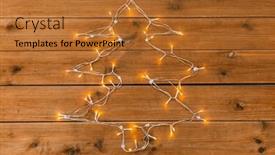  Presentation with string lights - Presentation theme featuring holidays and illumination concept - electric garland lights string in shape of christmas tree on wooden background background and a red colored foreground