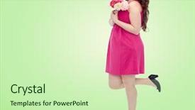  Presentation with pink green - Cool new presentation theme with holidays and people concept - smiling happy young plus size woman with flower bunch posing in pink dress over green natural background backdrop and a soft green colored foreground