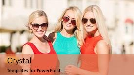  Presentation with hen - Beautiful slide set featuring holidays and tourism friends hen party blonde girls concept - three beautiful women in the city backdrop and a coral colored foreground