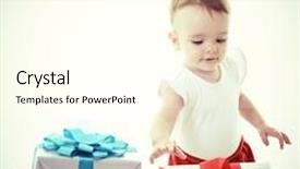  Presentation with happy birthday baby - Slide deck enhanced with holidays baby girl opening box with presents christmas birthday new year x-mas concept - happy child girl with gift boxes background and a cream colored foreground