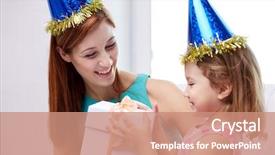  Presentation with happy birthday - Slide deck enhanced with holidays birthday family childhood and people concept - happy mother and little girl in party caps with gift box at home background and a coral colored foreground