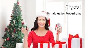 Presentation with christmas holidays - Slides consisting of holidays celebration decoration and people concept - smiling woman in santa helper hat with scissors packing gift boxes over living room and christmas tree background background and a white colored foreground