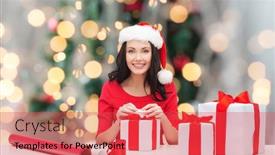  Presentation with christmas holidays - Audience pleasing theme consisting of holidays celebration decoration and people concept - smiling woman in santa helper hat with decorating paper packing gift boxes over christmas tree lights background backdrop and a red colored foreground