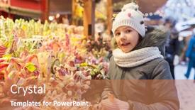  Presentation with candy shop - Audience pleasing slide deck consisting of holidays childhood and people concept - happy little girl with lollipop at christmas market candy shop in evening backdrop and a coral colored foreground