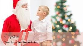  Presentation with christmas holidays - Theme featuring holidays childhood and people concept - smiling little boy with santa claus and gifts over christmas tree lights background background and a coral colored foreground
