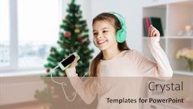  Presentation with christmas music - Cool new PPT layouts with holidays children and technology concept - happy smiling girl in headphones with smartphone and listening to music and dancing over christmas tree background backdrop and a coral colored foreground