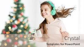  Presentation with christmas music - PPT theme consisting of holidays children and technology concept - happy smiling girl in headphones with smartphone and listening to music and dancing over christmas tree background background and a lemonade colored foreground