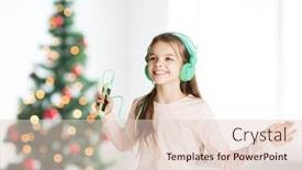  Presentation with christmas music - Presentation design featuring holidays children and technology concept - happy smiling girl in headphones with smartphone and listening to music and dancing over christmas tree background background and a lemonade colored foreground
