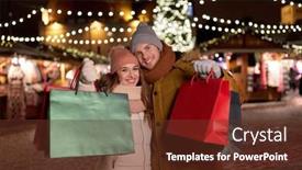  Presentation with christmas holidays - Cool new presentation with holidays christmas and people concept - happy couple at with shopping bags in winter backdrop and a tawny brown colored foreground