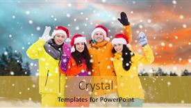  Presentation with forest winter - Colorful presentation enhanced with holidays christmas friendship and people concept - happy friends in santa hats and ski suits over winter forest background backdrop and a yellow colored foreground