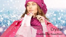  Presentation with christmas sale - Amazing PPT theme having holidays christmas sale and people concept - young woman in winter clothes with shopping bags over snowy city background backdrop and a coral colored foreground