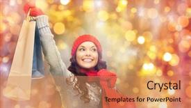  Presentation with christmas sale - Colorful PPT theme enhanced with holidays christmas sale and people concept - happy smiling young asian woman in winter clothes with shopping bags over lights background backdrop and a coral colored foreground