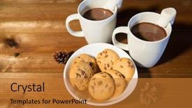  Presentation with food cocoa - Audience pleasing slide deck consisting of holidays christmas winter food and drinks concept - close up of cups with hot chocolate or cocoa drinks and marshmallow with oat cookies on wooden table backdrop and a gold colored foreground