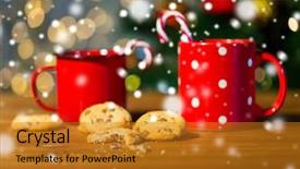  Presentation with candy canes - Colorful presentation theme enhanced with holidays christmas winter food and drinks concept - close up of candy canes and cups on wooden table over lights backdrop and a gold colored foreground