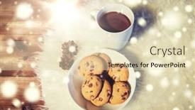  Presentation with food cocoa - Audience pleasing slides consisting of holidays christmas winter food and drinks concept - close up of cups with hot chocolate or cocoa drinks and oat cookies on white fur rug backdrop and a lemonade colored foreground
