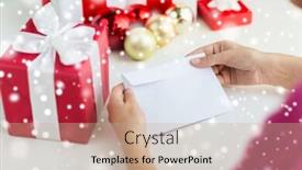  Presentation with communication - Cool new PPT layouts with holidays communication and people concept - close up of woman with letter and presents backdrop and a coral colored foreground