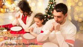  Presentation with christmas dinner - Cool new slides with holidays family and celebration concept - happy mother father and little daughter having christmas dinner and praying before meal at home backdrop and a coral colored foreground