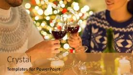  Presentation with christmas dinner - Beautiful PPT theme featuring holidays family and celebration concept - close up of happy couple having christmas dinner drinking red wine and clinking glasses backdrop and a gold colored foreground