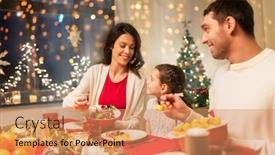  Presentation with christmas dinner - PPT theme enhanced with holidays family and celebration concept - happy mother father and little daughter having christmas dinner at home background and a coral colored foreground