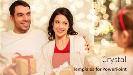  Presentation with christmas presents - Slide deck having holidays family and celebration concept - happy mother father and little daughter giving christmas presents at home background and a lemonade colored foreground