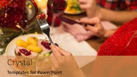  Presentation with christmas food - Audience pleasing slide deck consisting of holidays food and celebration concept - close up of woman having christmas dinner and eating backdrop and a gold colored foreground