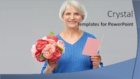 Presentation with old people - Presentation theme enhanced with holidays old age and people concept - happy smiling senior woman with flowers and greeting card over grey background background and a light gray colored foreground