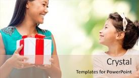  Presentation with christmas presents - Presentation theme consisting of holidays presents christmas family child and x-mas concept - happy mother and child girl with gift box background and a lemonade colored foreground