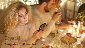  Presentation with dinner party - PPT theme having holidays-technology-and-people-concept background and a coral colored foreground