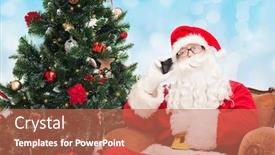  Presentation with blue lights - Audience pleasing presentation theme consisting of holidays technology and people concept - man in costume of santa claus with smartphone presents and christmas tree over blue lights background backdrop and a coral colored foreground