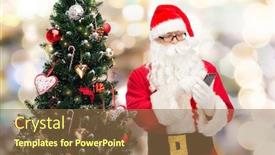  Presentation with blue lights - Audience pleasing slide set consisting of holidays technology and people concept - man in costume of santa claus with smartphone and christmas tree over blue lights background backdrop and a tawny brown colored foreground