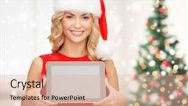  Presentation with christmas holidays - Colorful PPT theme enhanced with holidays technology and people concept - smiling woman in santa helper hat showing tablet pc computer blank screen over living room and christmas tree background backdrop and a lemonade colored foreground