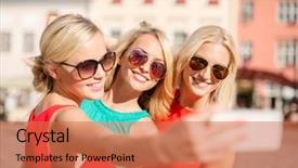  Presentation with tourism selfie - Presentation theme having holidays tourism and modern technology background and a coral colored foreground