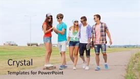  Presentation with holidays - Beautiful PPT theme featuring holidays vacation love and friendship concept - group of smiling teenagers walking and riding on skateboards outdoors backdrop and a coral colored foreground