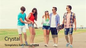  Presentation with teenagers - Audience pleasing PPT theme consisting of holidays vacation love and friendship concept - group of smiling teenagers walking and riding on skateboards outdoors backdrop and a coral colored foreground