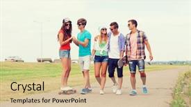  Presentation with friendship - Slide set featuring holidays vacation love and friendship concept - group of smiling teenagers walking and riding on skateboards outdoors background and a soft green colored foreground