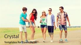  Presentation with holidays - Slide set featuring holidays vacation love and friendship concept - group of smiling teenagers walking and riding on skateboards outdoors background and a lemonade colored foreground