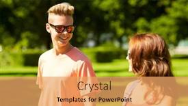  Presentation with teenage love - Presentation enhanced with holidays vacation love and people concept - happy smiling teenage couple walking and looking at each other in summer park background and a yellow colored foreground