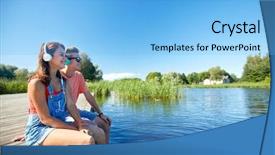  Presentation with teenage love - Slides consisting of holidays vacation love and people concept - happy teenage couple with earphones sitting on river berth and listening to music at summer background and a light blue colored foreground
